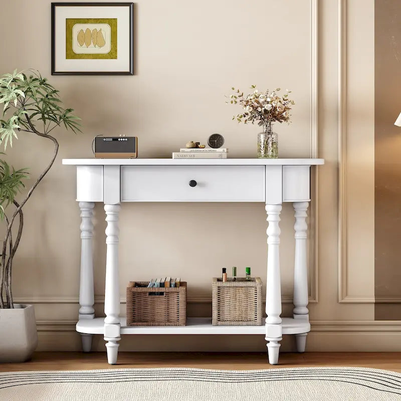 Table console étroite avec tiroir et étagère ouverte Gris / Blanc / Beige+Blanc / Bleu marine