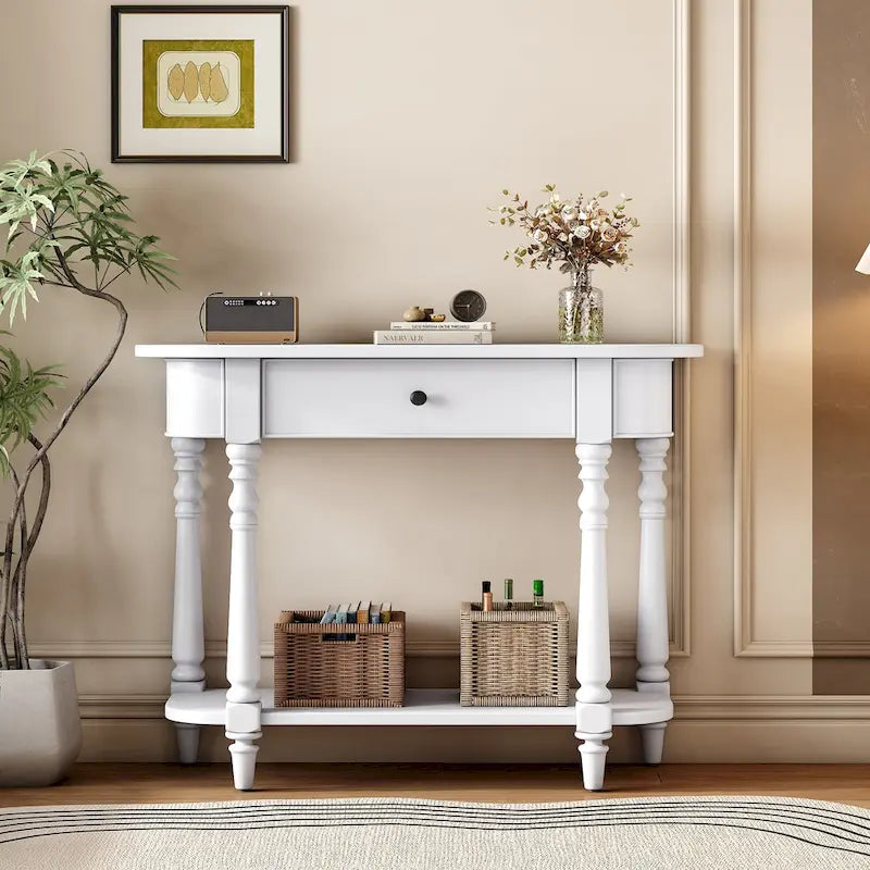 Table console étroite avec tiroir et étagère ouverte Gris / Blanc / Beige+Blanc / Bleu marine