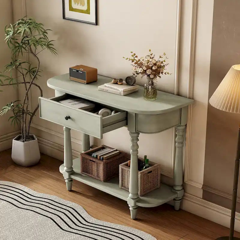 Table console étroite avec tiroir et étagère ouverte Gris / Blanc / Beige+Blanc / Bleu marine