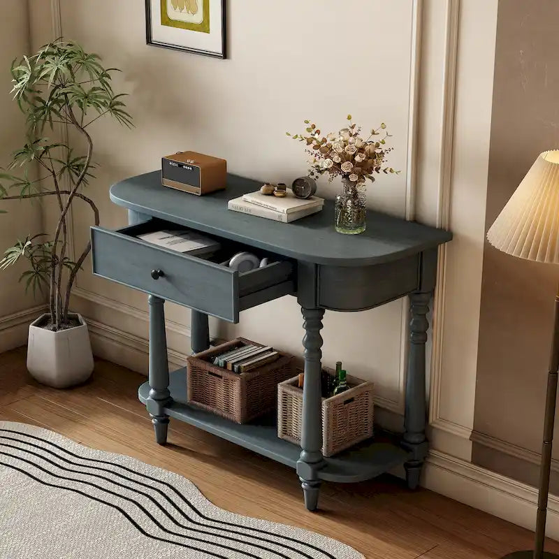 Table console étroite avec tiroir et étagère ouverte Gris / Blanc / Beige+Blanc / Bleu marine