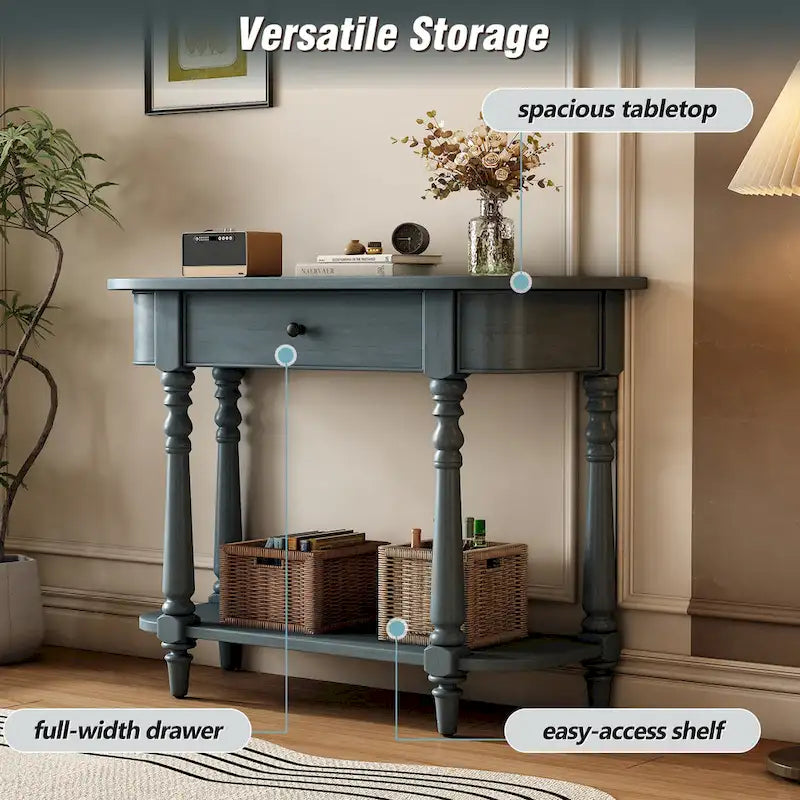 Table console étroite avec tiroir et étagère ouverte Gris / Blanc / Beige+Blanc / Bleu marine
