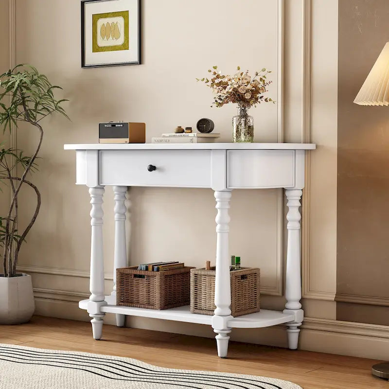Table console étroite avec tiroir et étagère ouverte Gris / Blanc / Beige+Blanc / Bleu marine