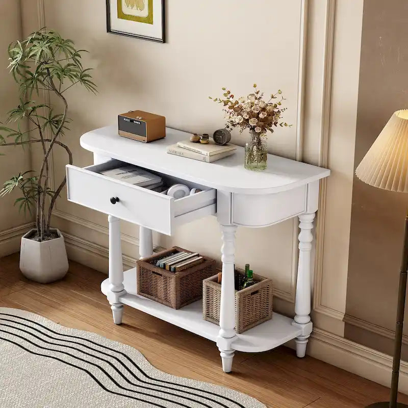 Table console étroite avec tiroir et étagère ouverte Gris / Blanc / Beige+Blanc / Bleu marine
