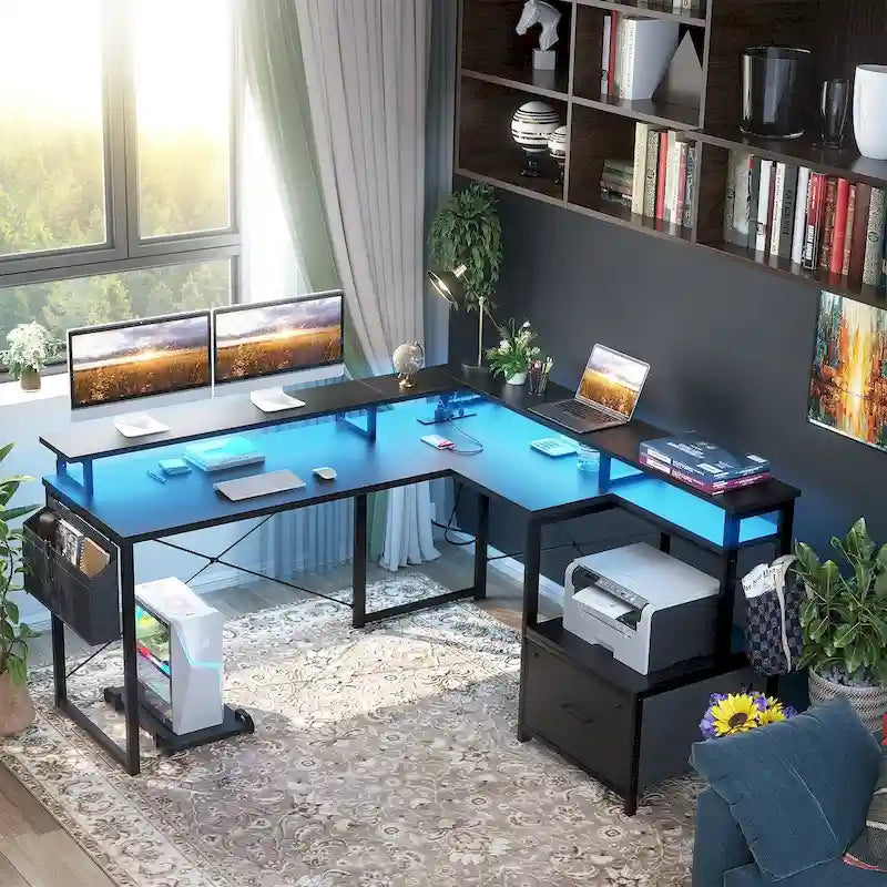Bureau d'angle en L avec bande LED et prise de courant – Noir / Marron Rustique / Chêne Gris / Blanc, 1 personne