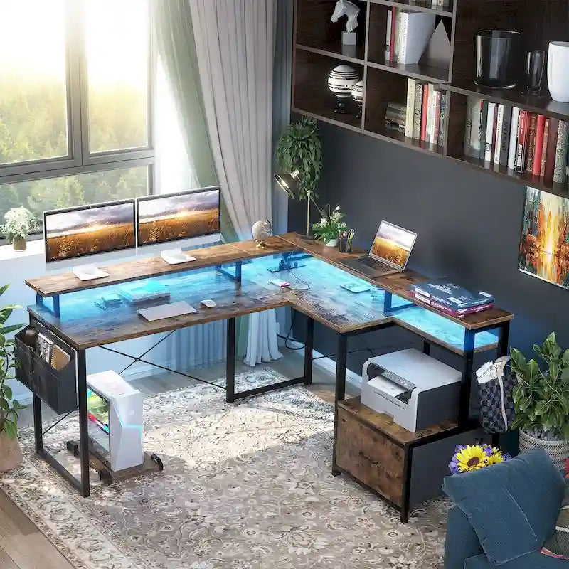 Bureau d'angle en L avec bande LED et prise de courant – Noir / Marron Rustique / Chêne Gris / Blanc, 1 personne