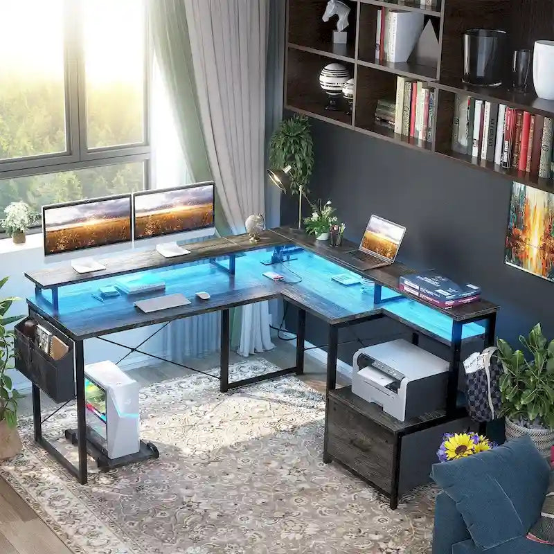 Bureau d'angle en L avec bande LED et prise de courant – Noir / Marron Rustique / Chêne Gris / Blanc, 1 personne