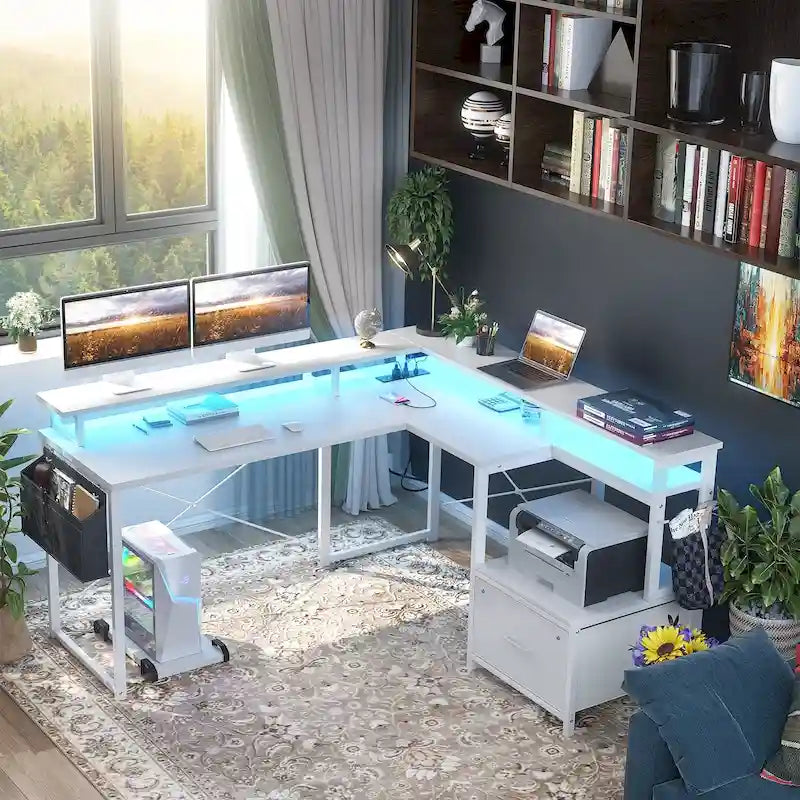 Bureau d'angle en L avec bande LED et prise de courant – Noir / Marron Rustique / Chêne Gris / Blanc, 1 personne