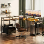 Bureau d'angle en L avec bande LED et prise de courant – Noir / Marron Rustique / Chêne Gris / Blanc, 1 personne