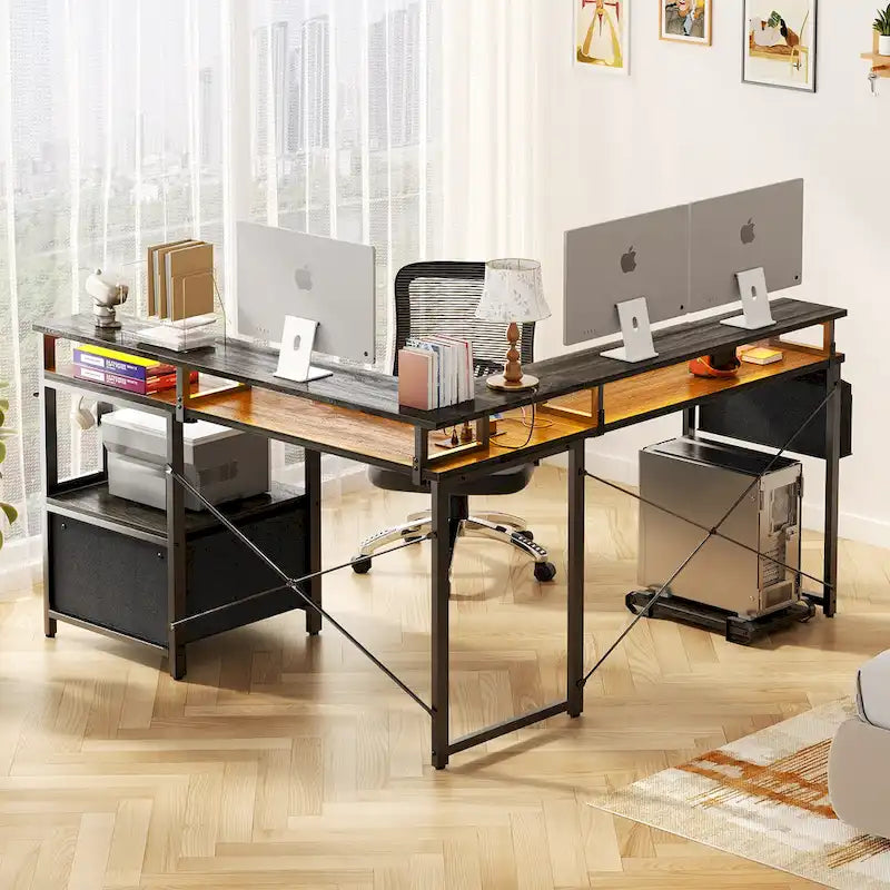 Bureau d'angle en L avec bande LED et prise de courant – Noir / Marron Rustique / Chêne Gris / Blanc, 1 personne