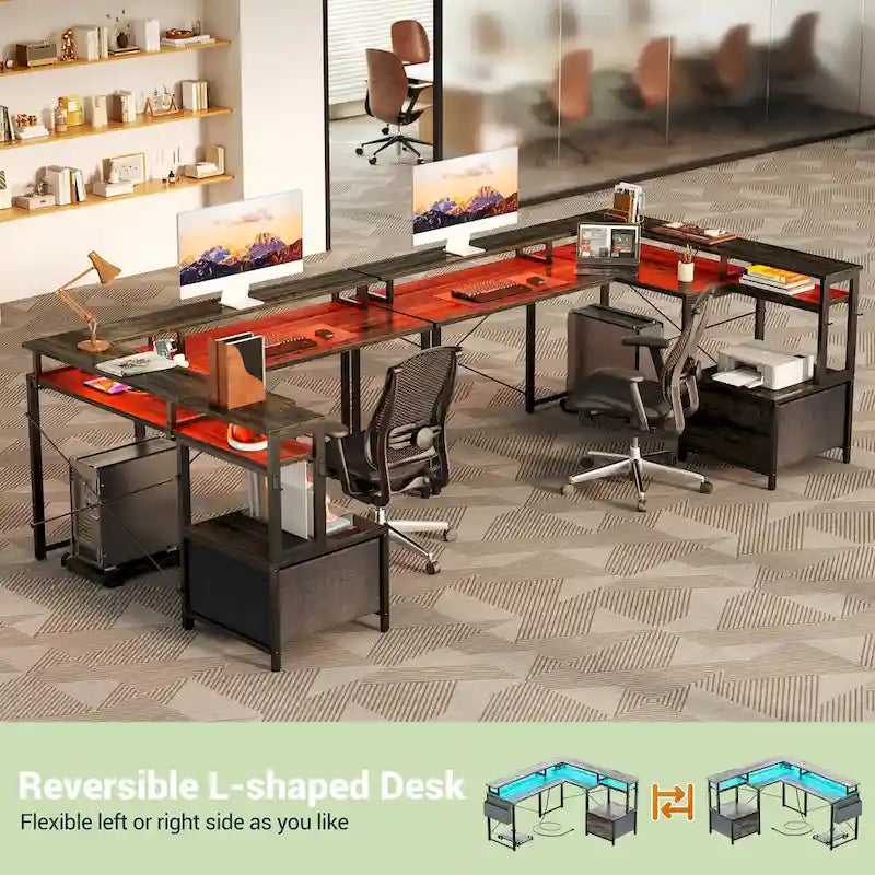 Bureau d'angle en L avec bande LED et prise de courant – Noir / Marron Rustique / Chêne Gris / Blanc, 1 personne