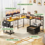 Bureau d'angle en L avec bande LED et prise de courant – Noir / Marron Rustique / Chêne Gris / Blanc, 1 personne
