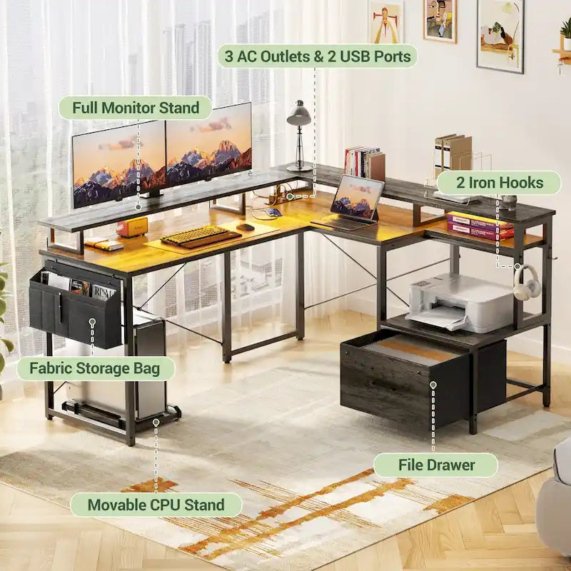 Bureau d'angle en L avec bande LED et prise de courant – Noir / Marron Rustique / Chêne Gris / Blanc, 1 personne