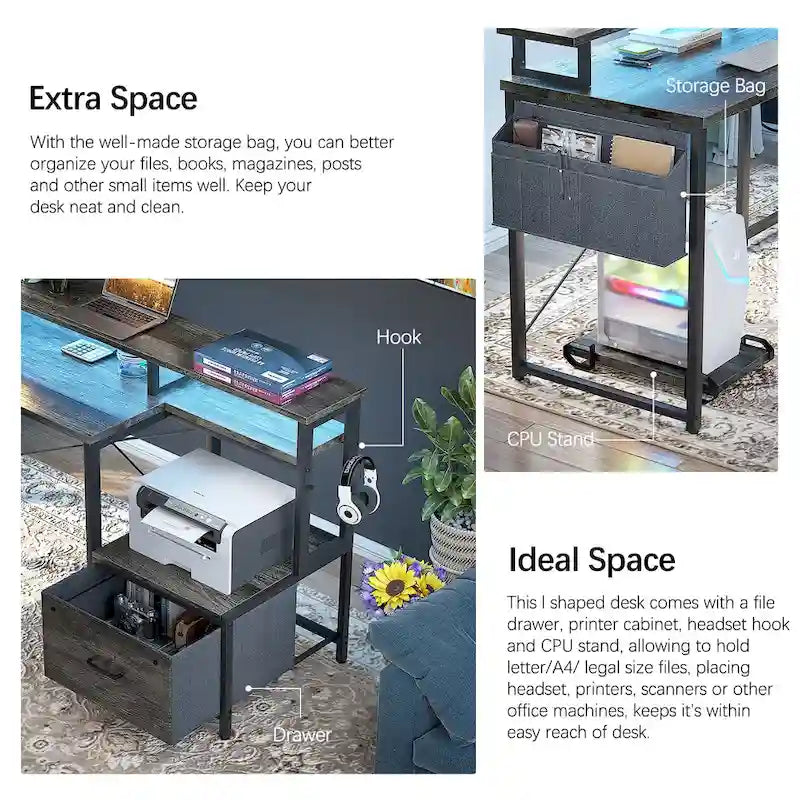 Bureau d'angle en L avec bande LED et prise de courant – Noir / Marron Rustique / Chêne Gris / Blanc, 1 personne