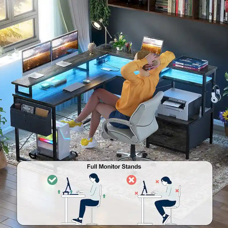 Bureau d'angle en L avec bande LED et prise de courant – Noir / Marron Rustique / Chêne Gris / Blanc, 1 personne
