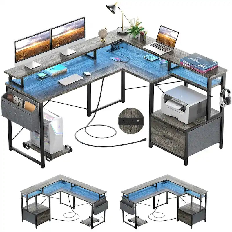 Bureau d'angle en L avec bande LED et prise de courant – Noir / Marron Rustique / Chêne Gris / Blanc, 1 personne