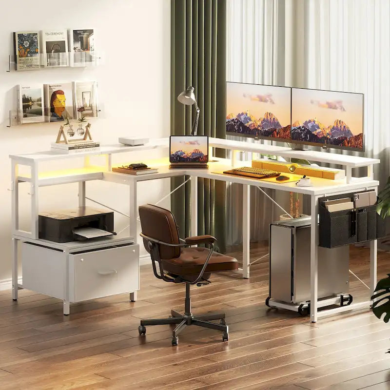 Bureau d'angle en L avec bande LED et prise de courant – Noir / Marron Rustique / Chêne Gris / Blanc, 1 personne