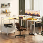 Bureau d'angle en L avec bande LED et prise de courant – Noir / Marron Rustique / Chêne Gris / Blanc, 1 personne