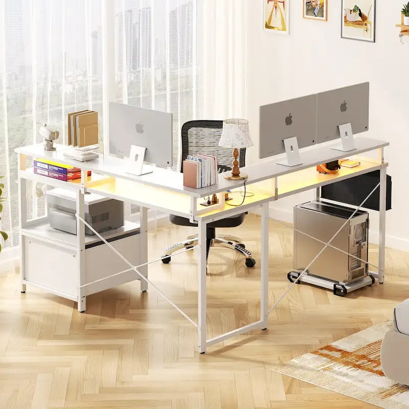 Bureau d'angle en L avec bande LED et prise de courant – Noir / Marron Rustique / Chêne Gris / Blanc, 1 personne