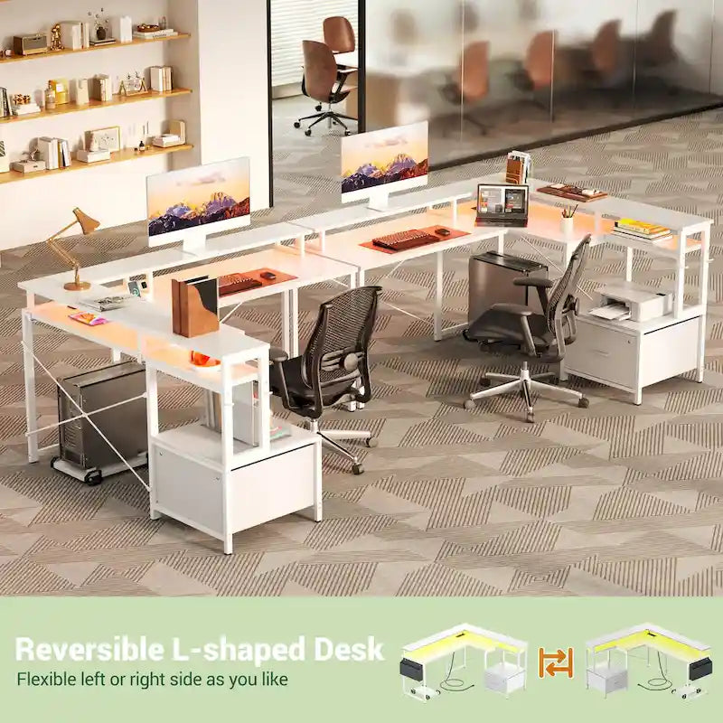 Bureau d'angle en L avec bande LED et prise de courant – Noir / Marron Rustique / Chêne Gris / Blanc, 1 personne