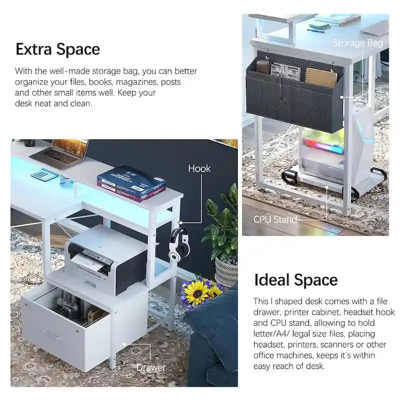 Bureau d'angle en L avec bande LED et prise de courant – Noir / Marron Rustique / Chêne Gris / Blanc, 1 personne