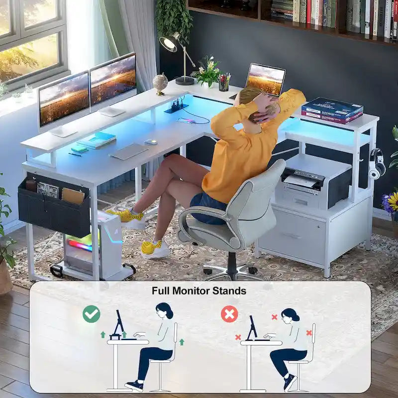 Bureau d'angle en L avec bande LED et prise de courant – Noir / Marron Rustique / Chêne Gris / Blanc, 1 personne