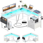 Bureau d'angle en L avec bande LED et prise de courant – Noir / Marron Rustique / Chêne Gris / Blanc, 1 personne