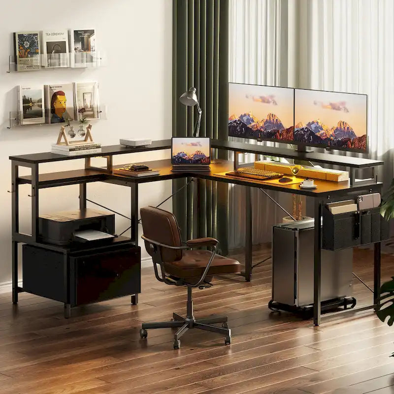 Bureau d'angle en L avec bande LED et prise de courant – Noir / Marron Rustique / Chêne Gris / Blanc, 1 personne