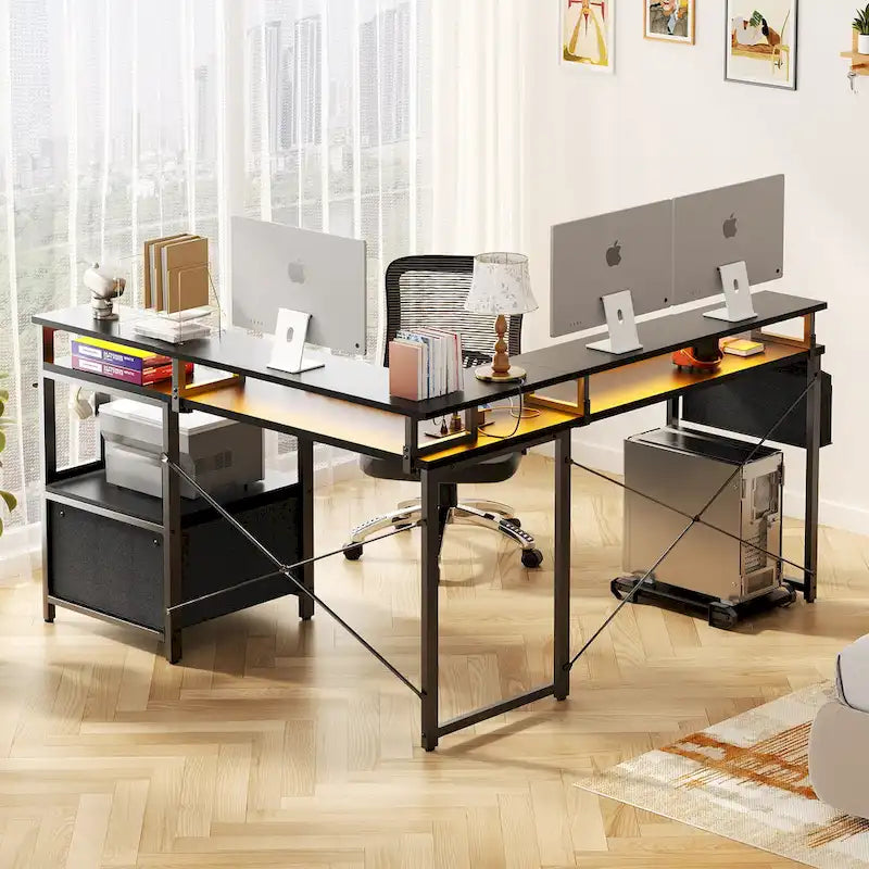 Bureau d'angle en L avec bande LED et prise de courant – Noir / Marron Rustique / Chêne Gris / Blanc, 1 personne