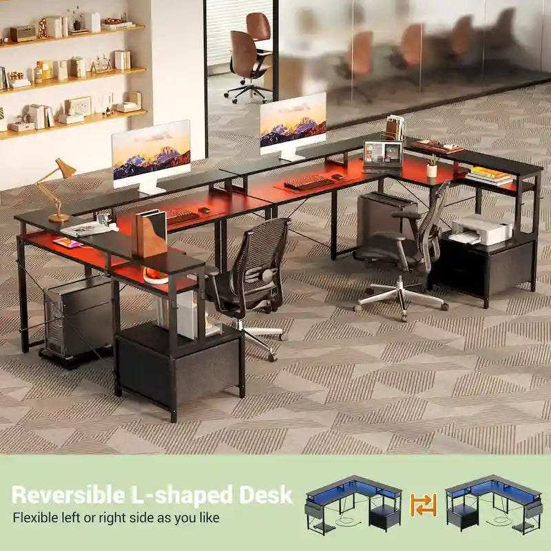 Bureau d'angle en L avec bande LED et prise de courant – Noir / Marron Rustique / Chêne Gris / Blanc, 1 personne