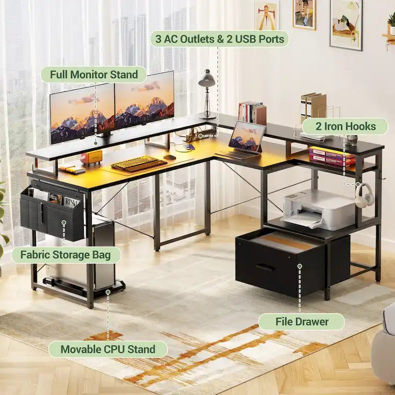 Bureau d'angle en L avec bande LED et prise de courant – Noir / Marron Rustique / Chêne Gris / Blanc, 1 personne