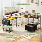 Bureau d'angle en L avec bande LED et prise de courant – Noir / Marron Rustique / Chêne Gris / Blanc, 1 personne