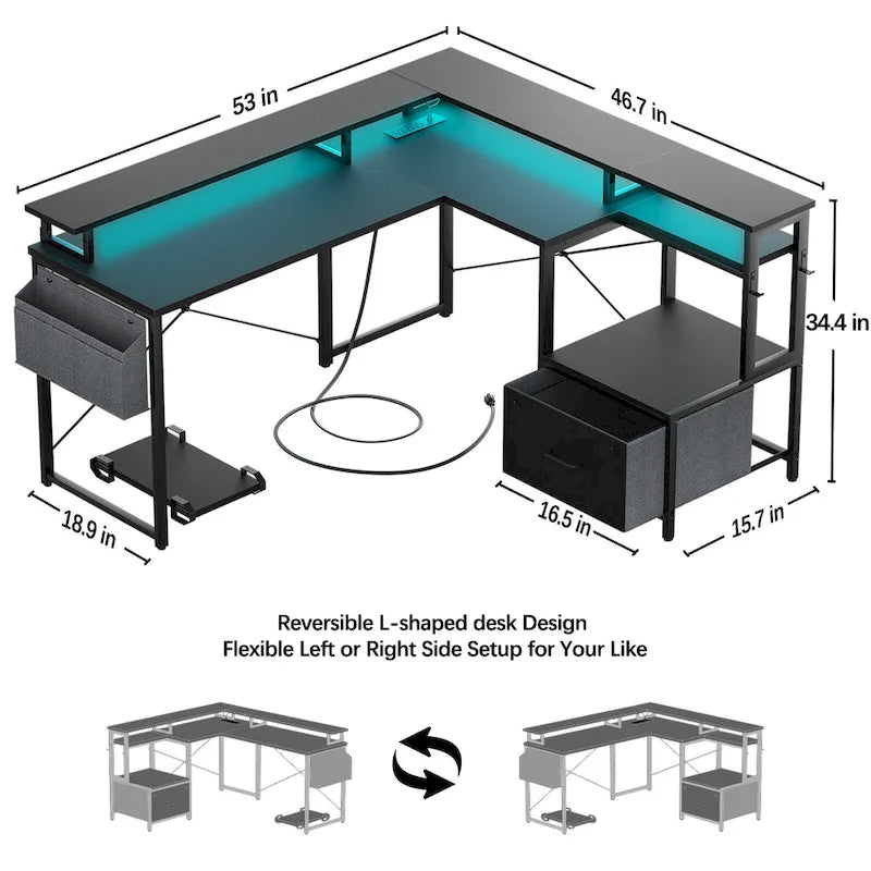 Bureau d'angle en L avec bande LED et prise de courant – Noir / Marron Rustique / Chêne Gris / Blanc, 1 personne