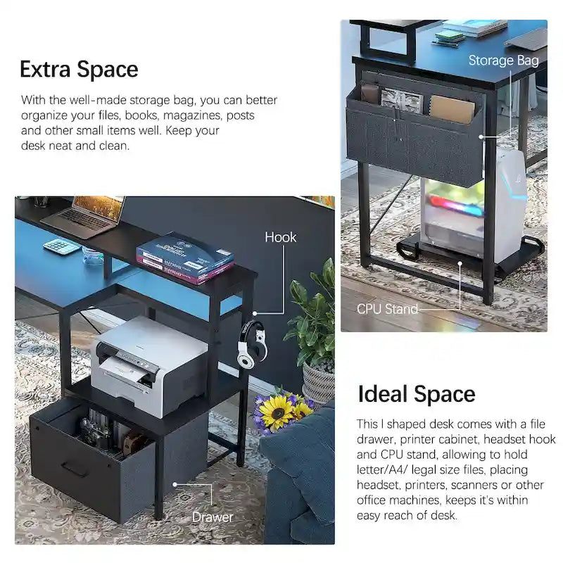 Bureau d'angle en L avec bande LED et prise de courant – Noir / Marron Rustique / Chêne Gris / Blanc, 1 personne