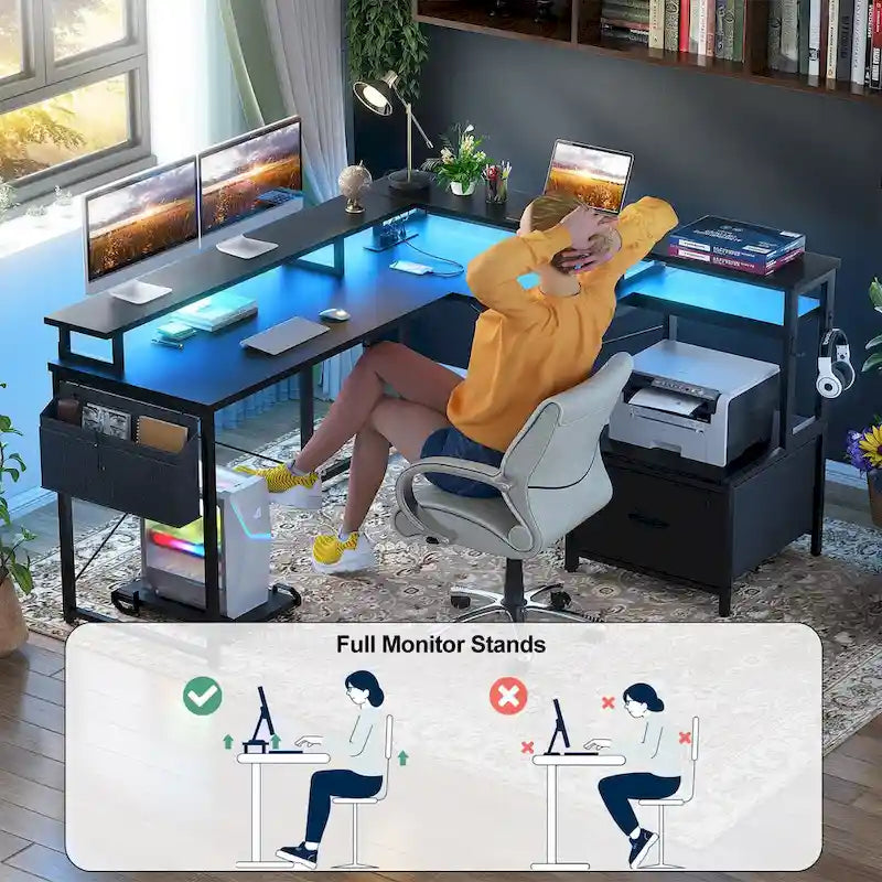Bureau d'angle en L avec bande LED et prise de courant – Noir / Marron Rustique / Chêne Gris / Blanc, 1 personne