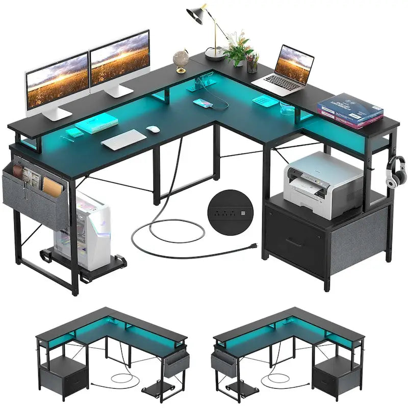 Bureau d'angle en L avec bande LED et prise de courant – Noir / Marron Rustique / Chêne Gris / Blanc, 1 personne