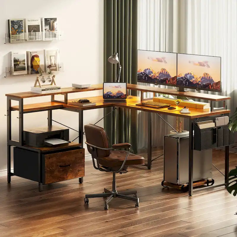 Bureau d'angle en L avec bande LED et prise de courant – Noir / Marron Rustique / Chêne Gris / Blanc, 1 personne