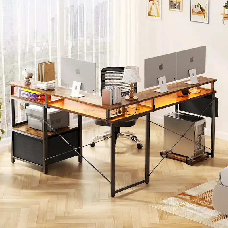 Bureau d'angle en L avec bande LED et prise de courant – Noir / Marron Rustique / Chêne Gris / Blanc, 1 personne