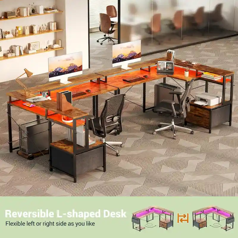 Bureau d'angle en L avec bande LED et prise de courant – Noir / Marron Rustique / Chêne Gris / Blanc, 1 personne
