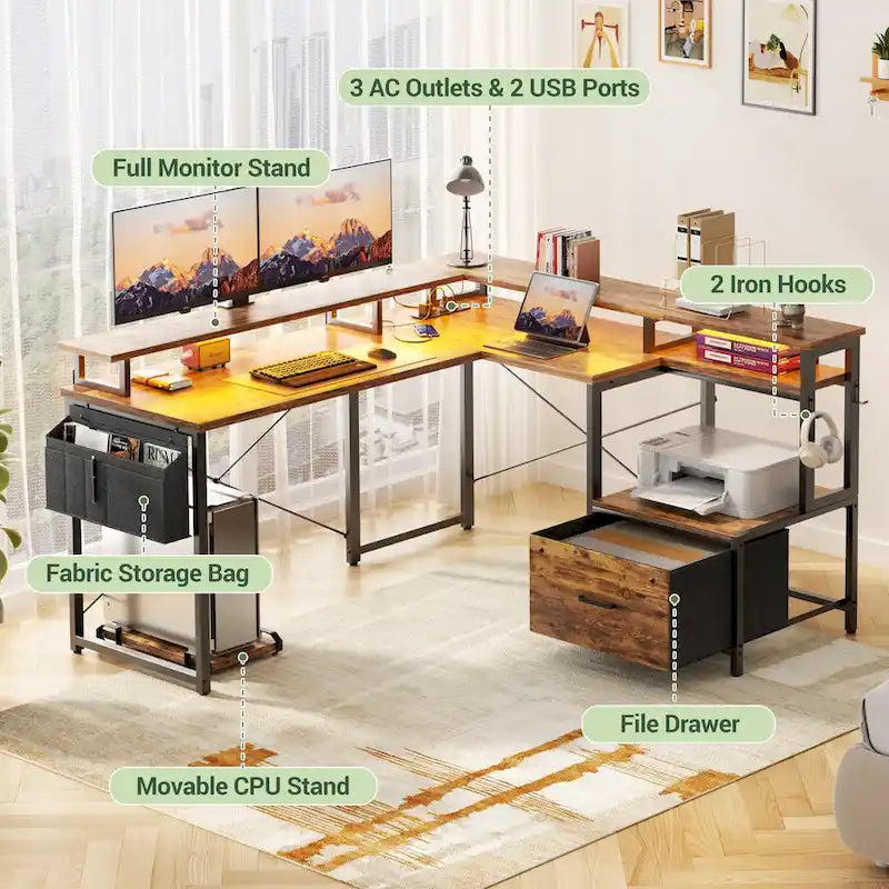 Bureau d'angle en L avec bande LED et prise de courant – Noir / Marron Rustique / Chêne Gris / Blanc, 1 personne