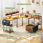 Bureau d'angle en L avec bande LED et prise de courant – Noir / Marron Rustique / Chêne Gris / Blanc, 1 personne