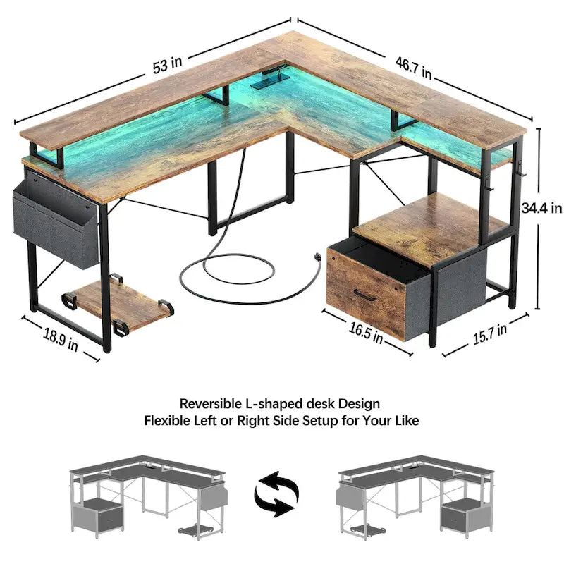 Bureau d'angle en L avec bande LED et prise de courant – Noir / Marron Rustique / Chêne Gris / Blanc, 1 personne
