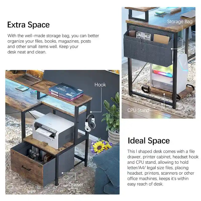 Bureau d'angle en L avec bande LED et prise de courant – Noir / Marron Rustique / Chêne Gris / Blanc, 1 personne