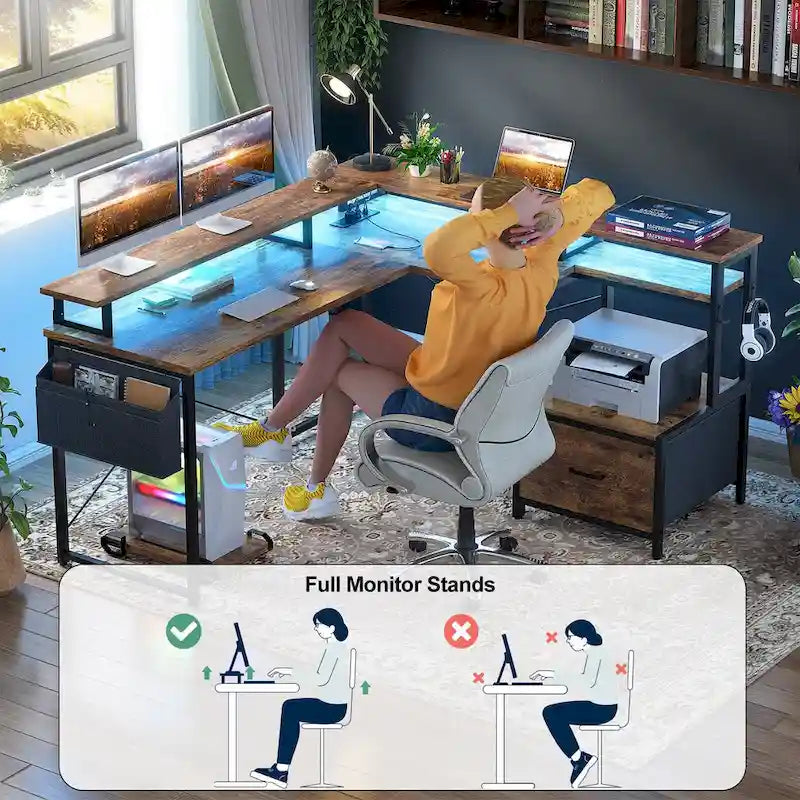 Bureau d'angle en L avec bande LED et prise de courant – Noir / Marron Rustique / Chêne Gris / Blanc, 1 personne