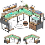 Bureau d'angle en L avec bande LED et prise de courant – Noir / Marron Rustique / Chêne Gris / Blanc, 1 personne