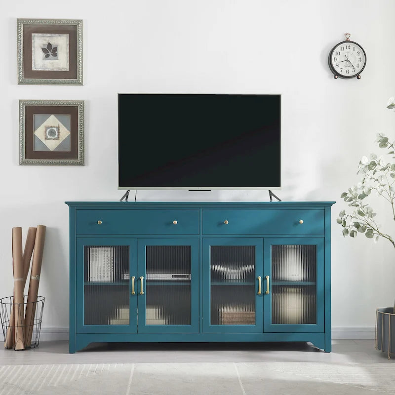 Buffet en verre cannelé bleu sarcelle avec 2 armoires et 2 tiroirs, assemblage 1 personne