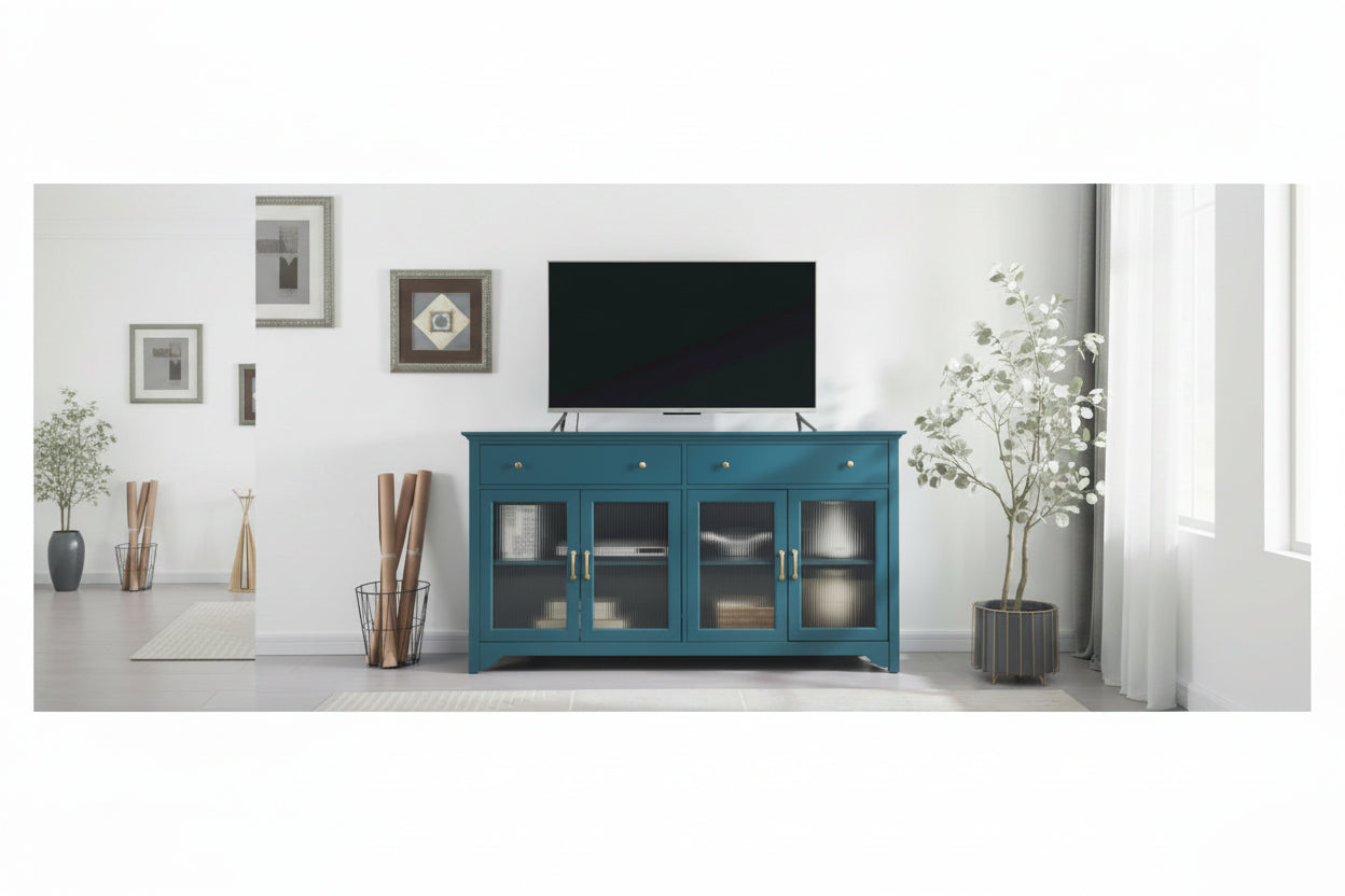 Modern Coastal Teal TV Cabinets with 2 Storage Cabinets, 2 Drawers and Gold Handles for Living Room and Bedroom