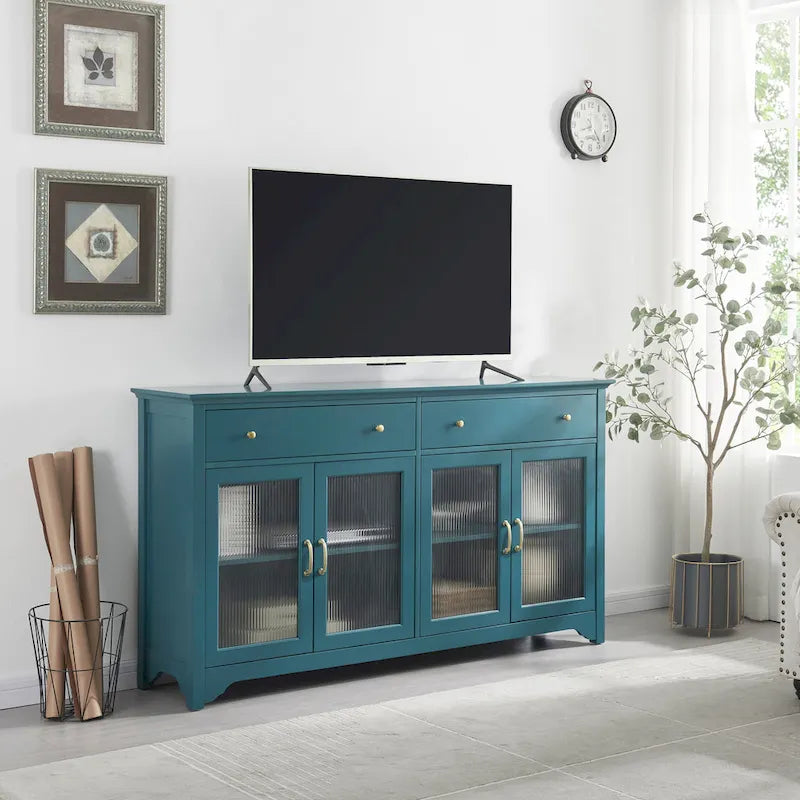 Buffet en verre cannelé bleu sarcelle avec 2 armoires et 2 tiroirs, assemblage 1 personne
