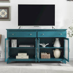 Buffet en verre cannelé bleu sarcelle avec 2 armoires et 2 tiroirs, assemblage 1 personne