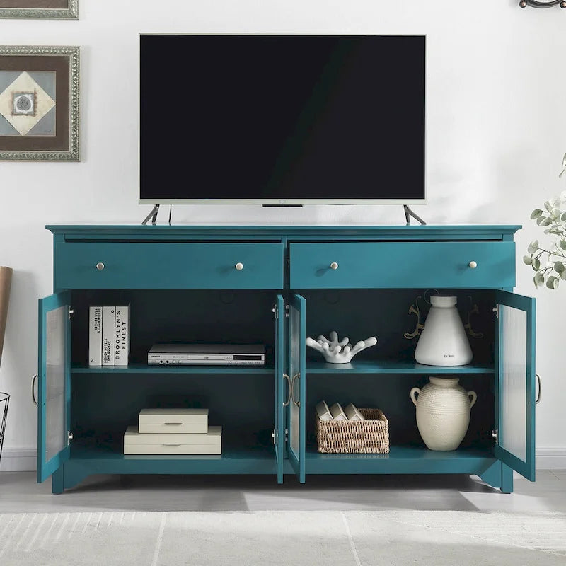 Buffet en verre cannelé bleu sarcelle avec 2 armoires et 2 tiroirs, assemblage 1 personne