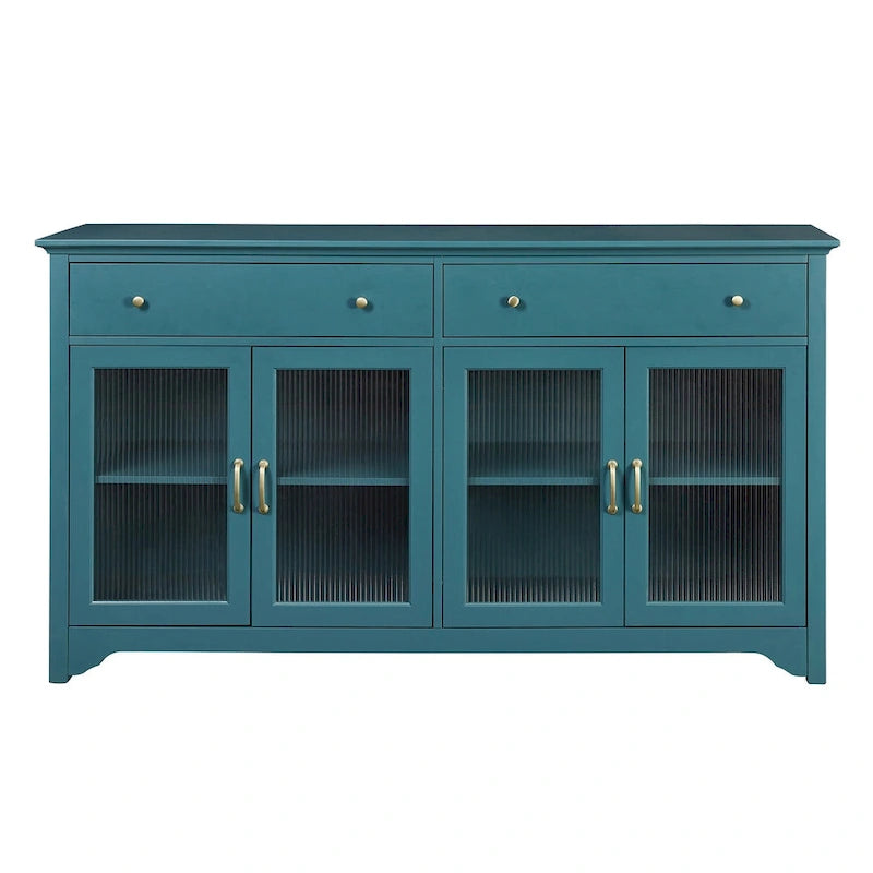 Buffet en verre cannelé bleu sarcelle avec 2 armoires et 2 tiroirs, assemblage 1 personne